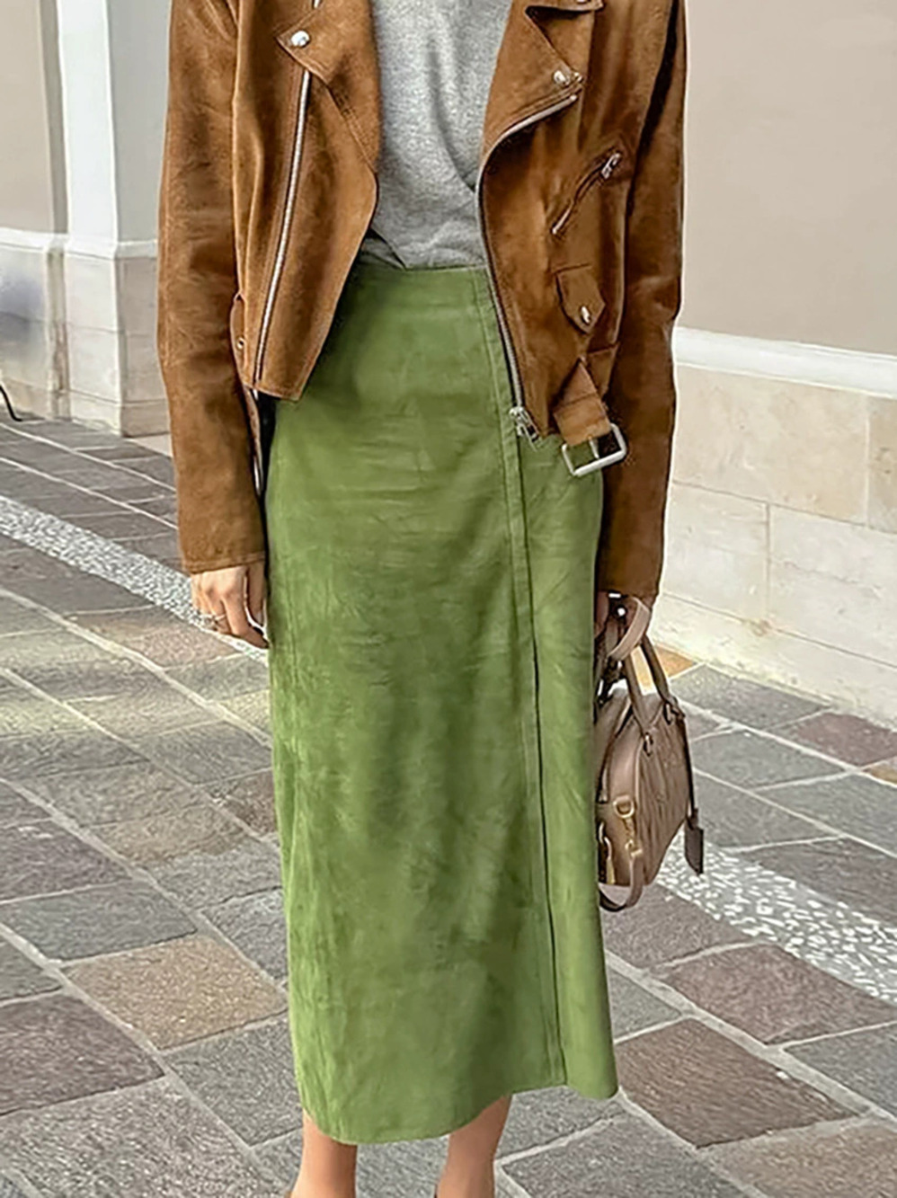 ZARA Chic Retro Green Suede Velvet High Waist Slit Long Skirt